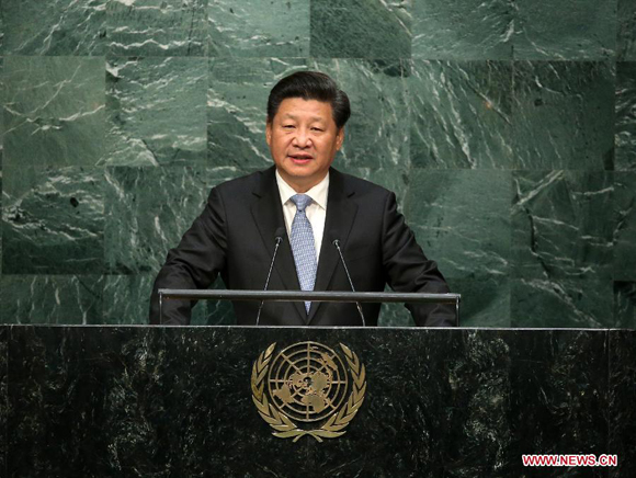 Chinese President Xi Jinping addresses the annual high-level general debate of the 70th session of the United Nations General Assembly at the UN headquarters in New York, the United States, Sept. 28, 2015. [Photo/Xinhua]