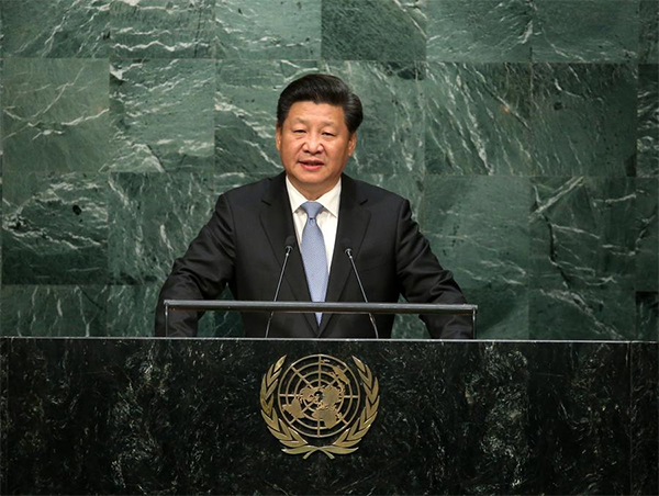 President Xi Jinping addresses the United Nations General Assembly in New York City on Monday.[Photo/Xinhua]