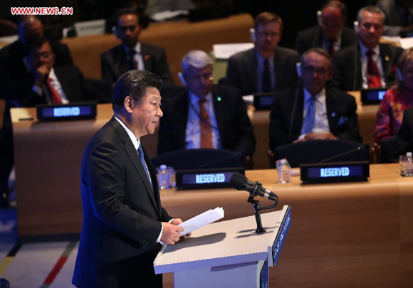 Chinese President Xi Jinping addresses the Leaders' Summit on Peacekeeping at the United Nations headquarters in New York Sept. 28, 2015. [Photo/Xinhua]