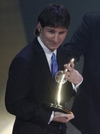 Lionel Messi of Argentina shows his trophy after receiving the FIFA Men's World Player of the Year 2009 soccer award during a ceremony in Zurich December 21, 2009. (Xinhua/Reuters Photo) Lionel Messi of Argentina shows his trophy after receiving the FIFA Men's World Player of the Year 2009 soccer award during a ceremony in Zurich December 21, 2009. (Xinhua/Reuters Photo)