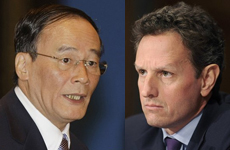 File photo: Chinese Vice Premier Wang Qishan (L) and U.S. Treasury Secretary Timothy Geithner (R).