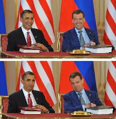 Combo photo taken on April 8, 2010 shows U.S. President Barack Obama (L) and his Russian counterpart Dmitry Medvedev reacts before (Up) and after signing a landmark nuclear arms reduction treaty in Prague, capital of Czech Republic. Under the new pact, the two countries agreed to reduce their deployed nuclear warheads to 1,550 each, or 30 percent below the current level of 2,200, and cut the launchers below 700 each.[Wu Wei/Xinhua]