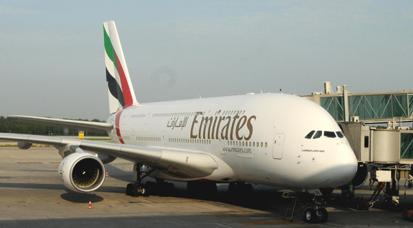 An A380 passenger plane of the United Arab Emirates (UAE) arrives at the Capital International Airport in Beijing August 1, 2010. Emirates Airlines launched its first A380 service in China, flight EK306/307 between Dubai and Beijing on Sunday. [Xinhua]