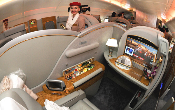 The photo shows the first class cabin of Emirates&apos; Airbus A380 which arrives at the Capital International Airport in Beijing August 1, 2010. [Xinhua]