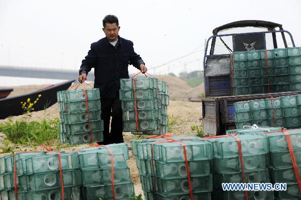 A man tides up his fishing equipment near Dongting Lake in Yueyang, central China&apos;s Hunan Province. A drought hit Hunan Province in April, with the water level of Dongting Lake falling recently due to the lack of rainfall. Farms that cover about 121,300 hectares and 440,000 people were affected by the drought near Dongting Lake. The local government has organized 350,000 people to fight the drought with equipment to minimize the negative effect. (