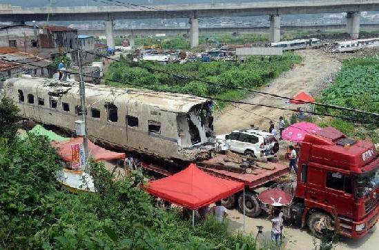 An excavator is used to dismantle a carriage of a derailed train from Saturday's devastating rail crash near the city of Wenzhou in East China's Zhejiang province. An excavator is used to dismantle a carriage of a derailed train from Saturday's devastating rail crash near the city of Wenzhou in East China's Zhejiang province.