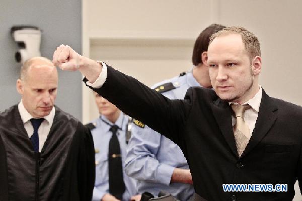 Norway's mass killer Anders Behring Breivik gestures in a courtroom of Oslo, Norway, on April, 2012. Norway's mass killer Anders Behring Breivik pleaded not guilty during court proceedings after the trial of the July 22 case began on Monday morning at the Oslo Distric Court. On July 22, 2011, Breivik killed 77 people in twin attacks -- a bomb explosion in downtown Oslo and a subsequent shooting spree on Utoeya island, some 40 kilometers northwest of Oslo. [Xinhua/NTBscanpix]