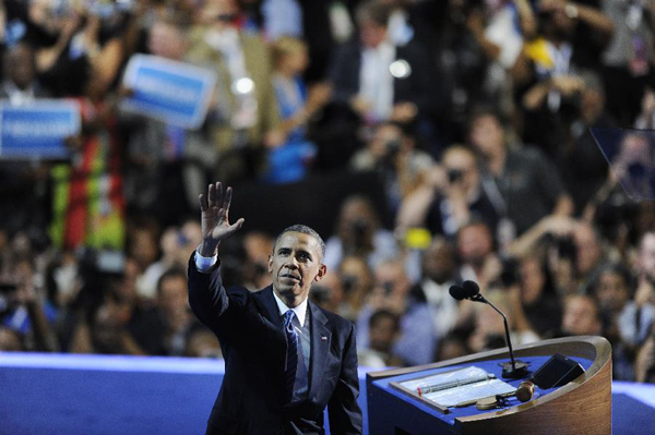 U.S. President Barack Obama speaks during the Democratic National Convention in Charlotte Sept. 6, 2012. Obama on Thursday night formally accepted the Democratic Party's presidential nomination, offering his own 'harder but better path' to rejuvenate support just two months ahead of the November election. [Zhang Jun/Xinhua]
