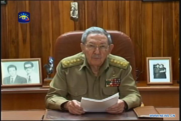 The TV grab taken on Dec. 17, 2014 shows Cuban leader Raul Castro giving a televised speech in Havana, capital of Cuba. Cuban leader Raul Castro confirmed Wednesday in a special TV appearance that his government and the Obama Administration of the United States had agreed to reestablish the diplomatic relations between the two countries. [Photo/Xinhua] 