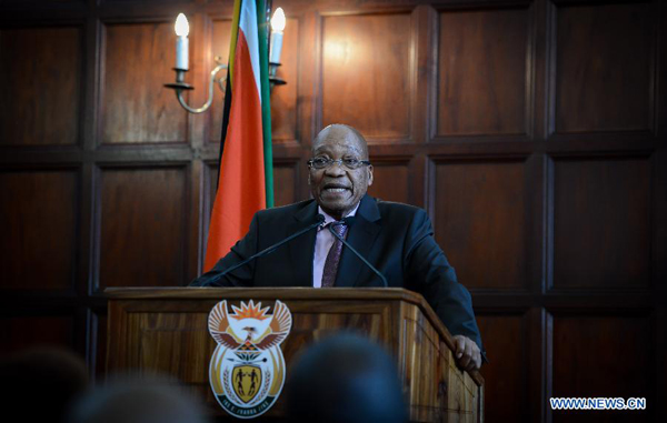South Africa's President Jacob Zuma addresses a media briefing after meeting with stakeholders in Pretoria, South Africa, on April 22, 2015. South African President Jacob Zuma on Wednesday met with stakeholders in Pretoria to discuss the country's migration policy following xenophobia attacks in parts of the country. [Photo/Xinhua]